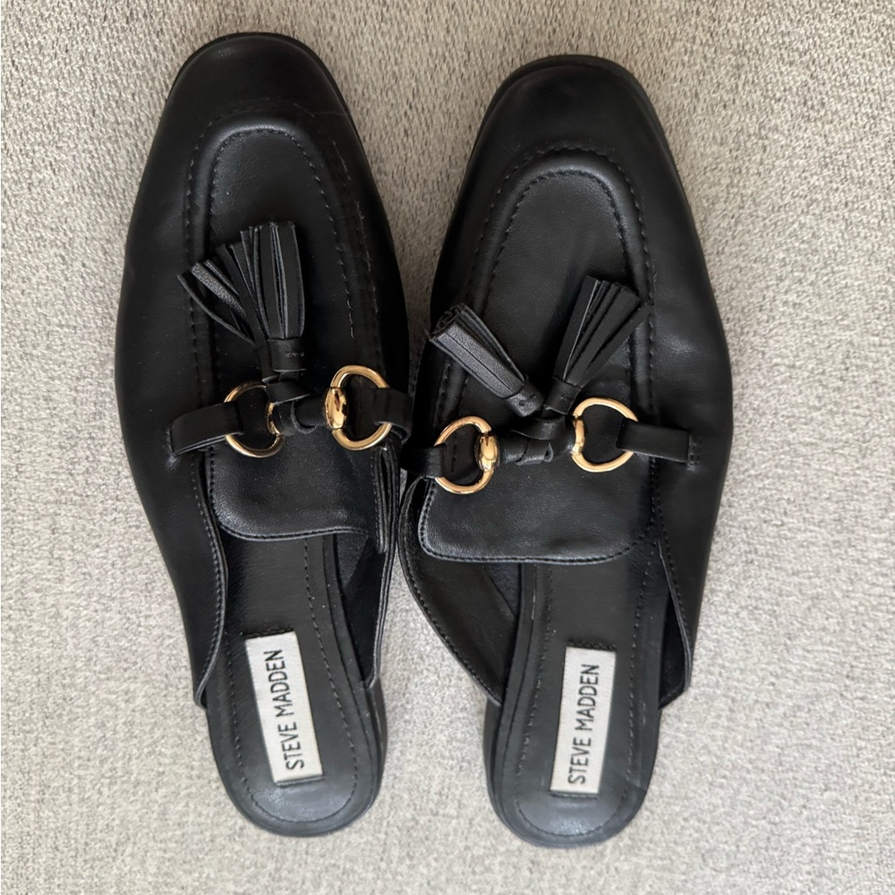 Steve Madden Black Mules with Gold Accents